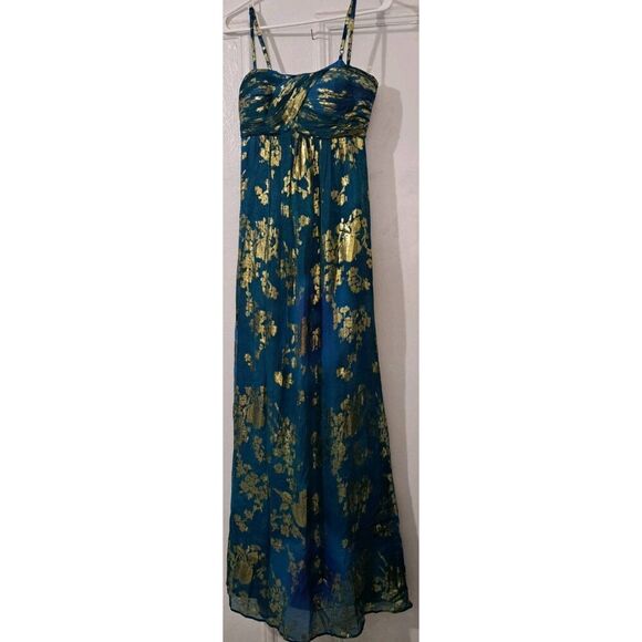 Oleg Cassini Womens elegant Small gold teal blue dress Silk long floor length - Picture 2 of 8